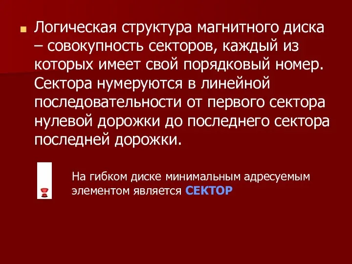 Логическая структура магнитного диска – совокупность секторов, каждый из которых