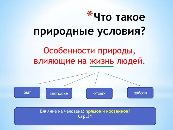 Что такое природные условия? Особенности природы, влияющие на жизнь людей.