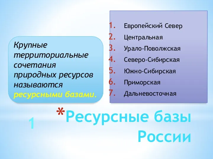 Ресурсные базы России Европейский Север Центральная Урало-Поволжская Северо-Сибирская Южно-Сибирская Приморская