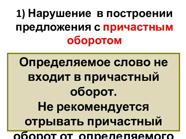 1) Нарушение в построении предложения с причастным оборотом Определяемое слово