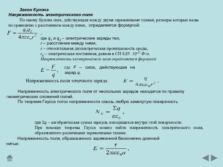 Закон Кулона Напряженность электрического поля По закону Кулона сила, действующая