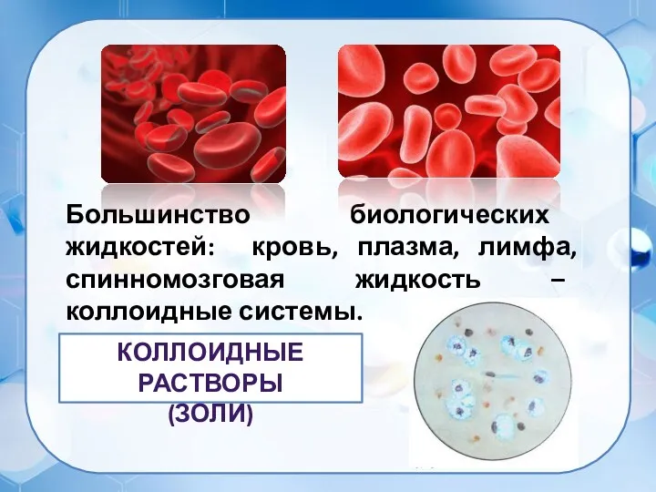 Большинство биологических жидкостей: кровь, плазма, лимфа, спинномозговая жидкость – коллоидные системы. КОЛЛОИДНЫЕ РАСТВОРЫ (ЗОЛИ)