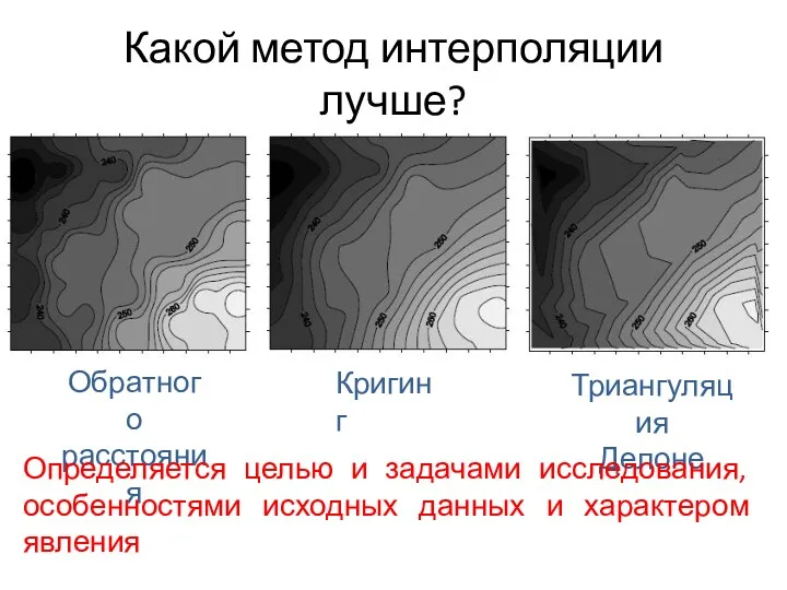 Какой метод интерполяции лучше? Обратного расстояния Кригинг Триангуляция Делоне Определяется целью и задачами