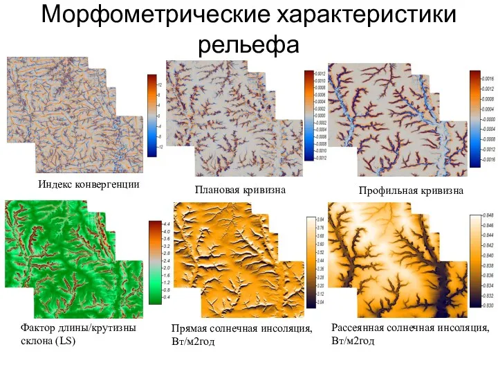 Морфометрические характеристики рельефа Индекс конвергенции Плановая кривизна Профильная кривизна Фактор длины/крутизны склона (LS)