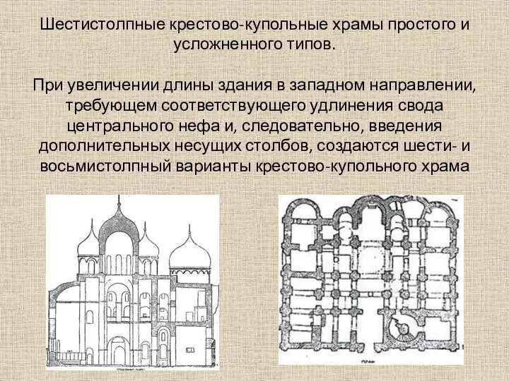 Шестистолпные крестово-купольные храмы простого и усложненного типов. При увеличении длины