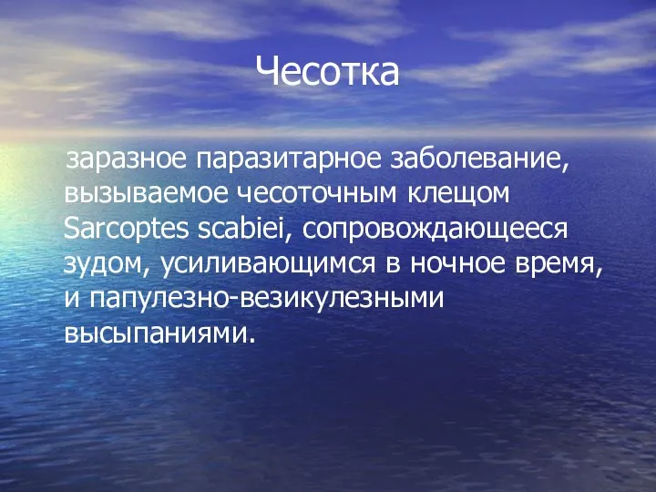 Чесотка заразное паразитарное заболевание, вызываемое чесоточным клещом Sarcoptes scabiei, сопровождающееся