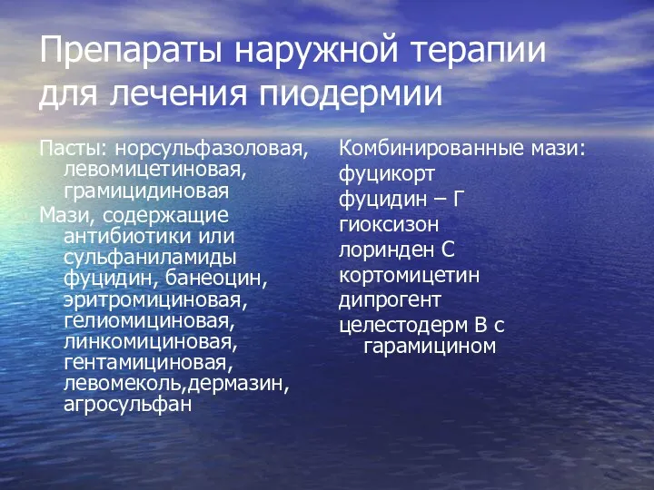 Препараты наружной терапии для лечения пиодермии Пасты: норсульфазоловая, левомицетиновая, грамицидиновая