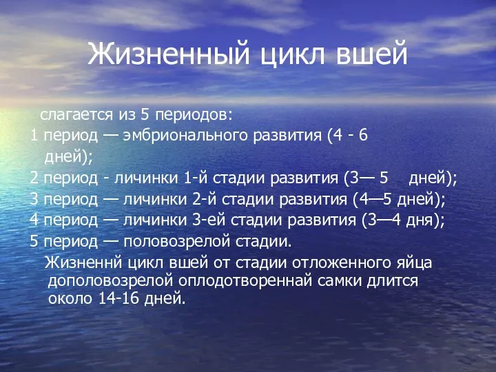 Жизненный цикл вшей слагается из 5 периодов: 1 период —