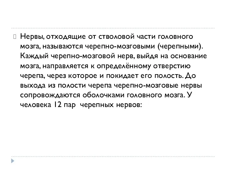 Нервы, отходящие от стволовой части головного мозга, называются черепно-мозговыми (черепными).