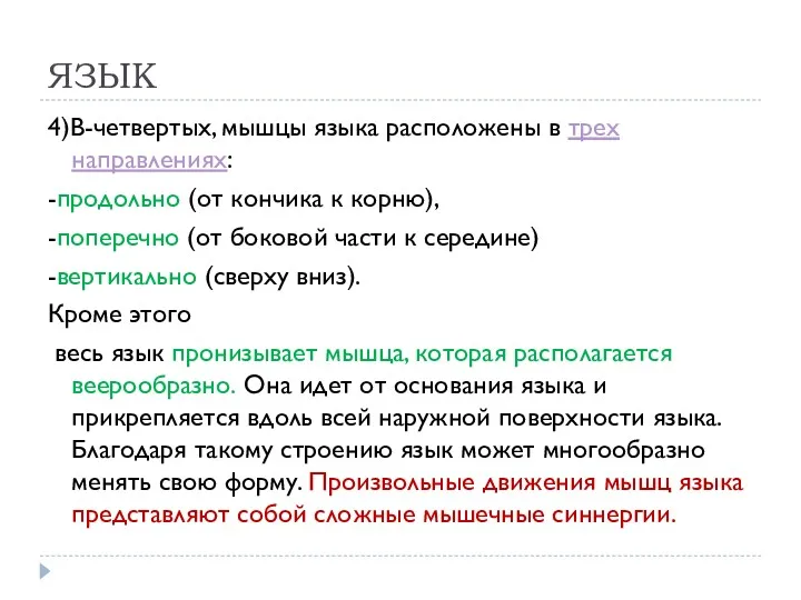 ЯЗЫК 4)В-четвертых, мышцы языка расположены в трех направлениях: -продольно (от