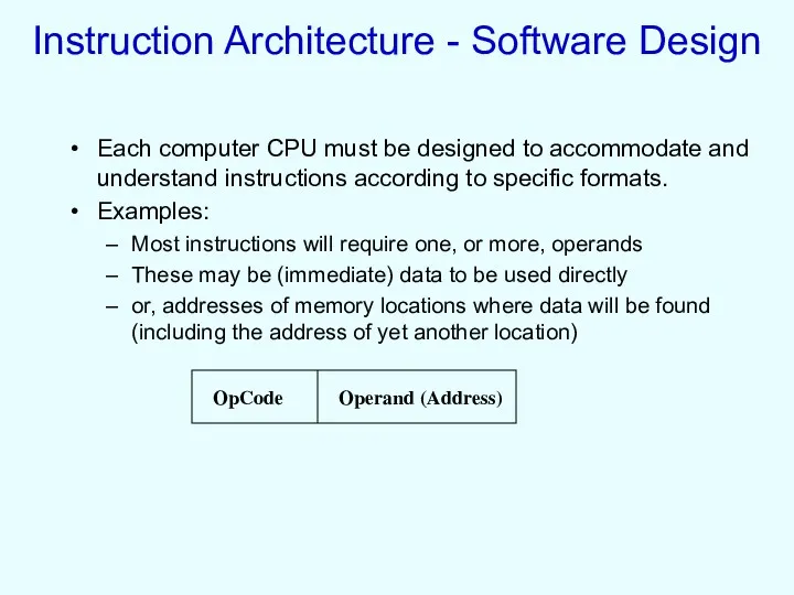 Instruction Architecture - Software Design Each computer CPU must be