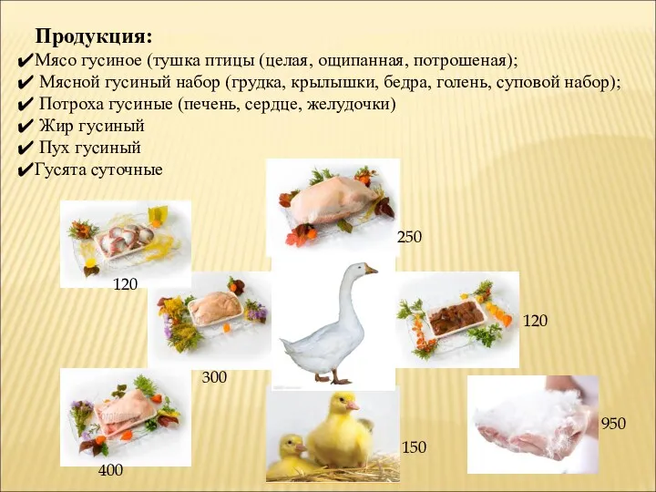 Продукция: Мясо гусиное (тушка птицы (целая, ощипанная, потрошеная); Мясной гусиный