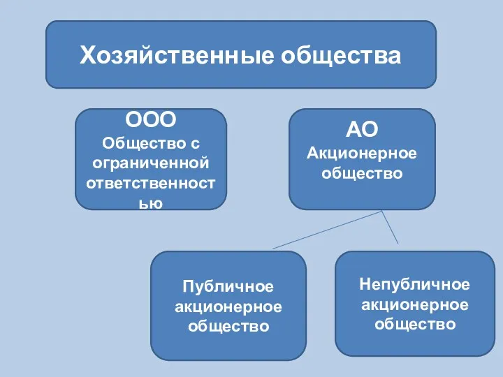 Хозяйственные общества ООО Общество с ограниченной ответственностью Непубличное акционерное общество Публичное акционерное общество АО Акционерное общество