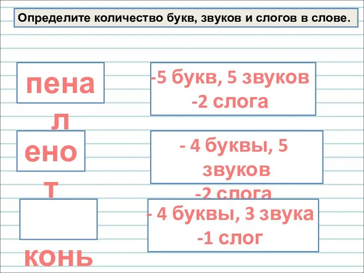 пенал 5 букв, 5 звуков 2 слога енот 4 буквы,