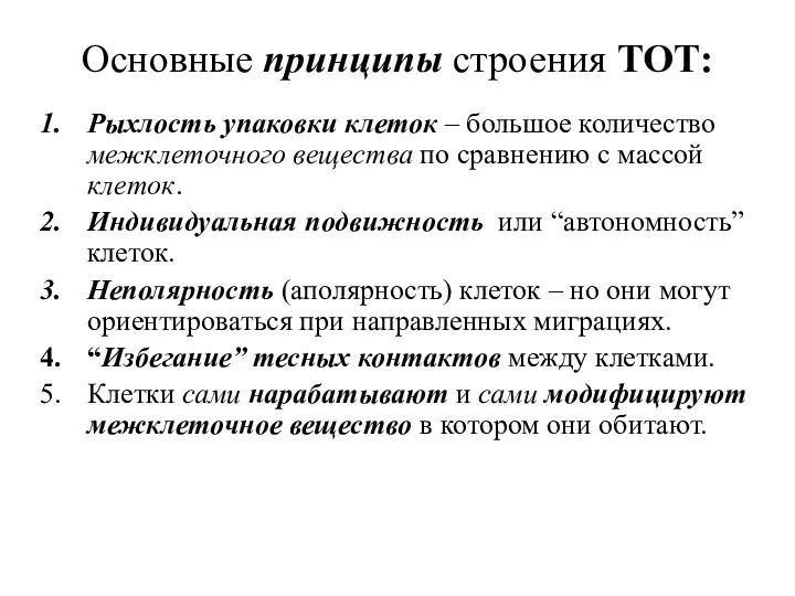 Основные принципы строения ТОТ: Рыхлость упаковки клеток – большое количество