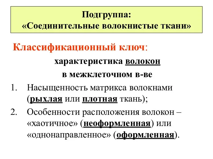 Подгруппа: «Соединительные волокнистые ткани» Классификационный ключ: характеристика волокон в межклеточном