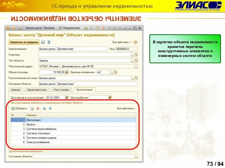 ЭЛЕМЕНТЫ ОБЪЕКТОВ НЕДВИЖИМОСТИ 1С:Аренда и управление недвижимостью В карточке объекта
