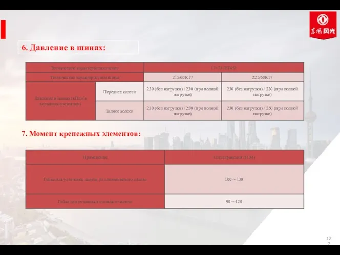 6. Давление в шинах: 7. Момент крепежных элементов: