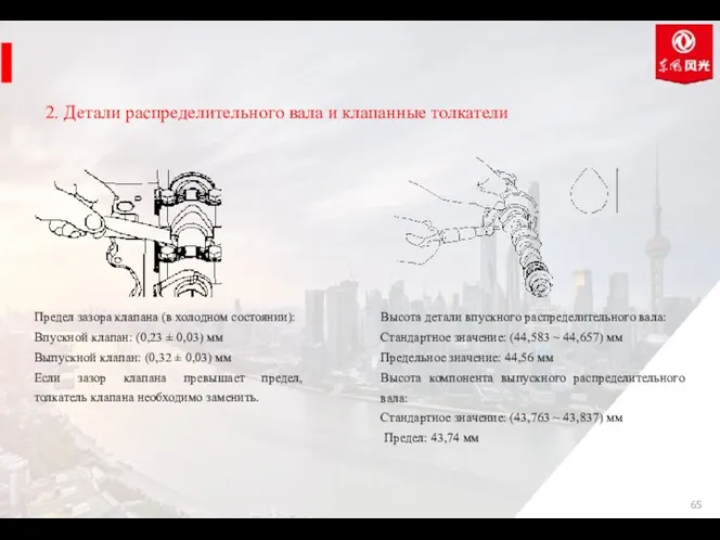 2. Детали распределительного вала и клапанные толкатели Предел зазора клапана