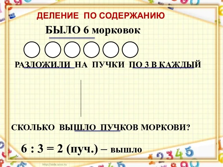 БЫЛО 6 морковок РАЗЛОЖИЛИ НА ПУЧКИ ПО 3 В КАЖДЫЙ