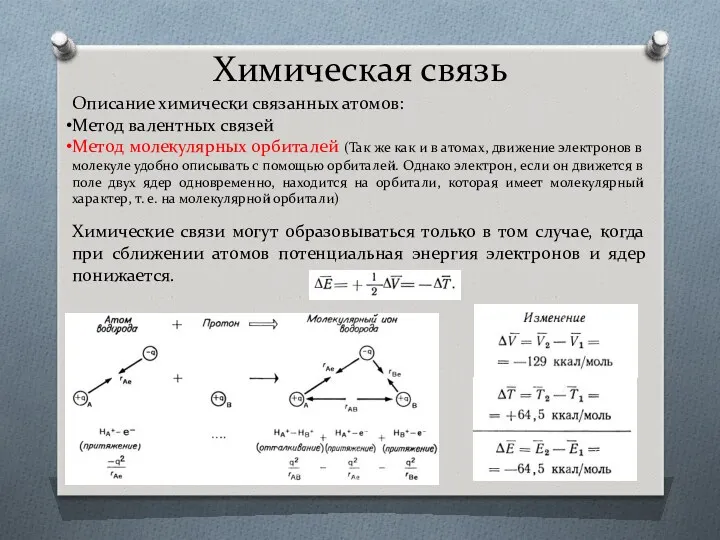 Химическая связь Описание химически связанных атомов: Метод валентных связей Метод