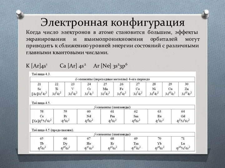 Электронная конфигурация Когда число электронов в атоме становится большим, эффекты