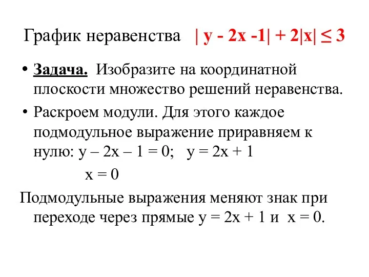 График неравенства | у - 2х -1| + 2|х| ≤ 3 Задача. Изобразите