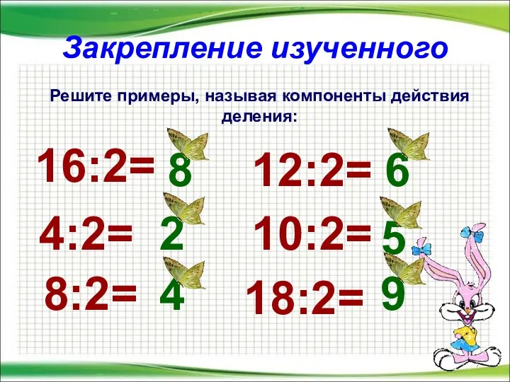 Закрепление изученного Решите примеры, называя компоненты действия деления: 16:2= 4:2=