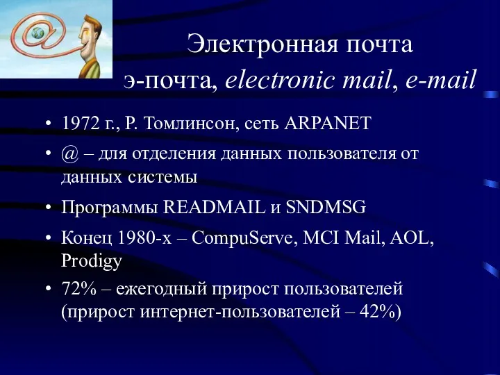 Электронная почта э-почта, electronic mail, e-mail 1972 г., Р. Томлинсон,