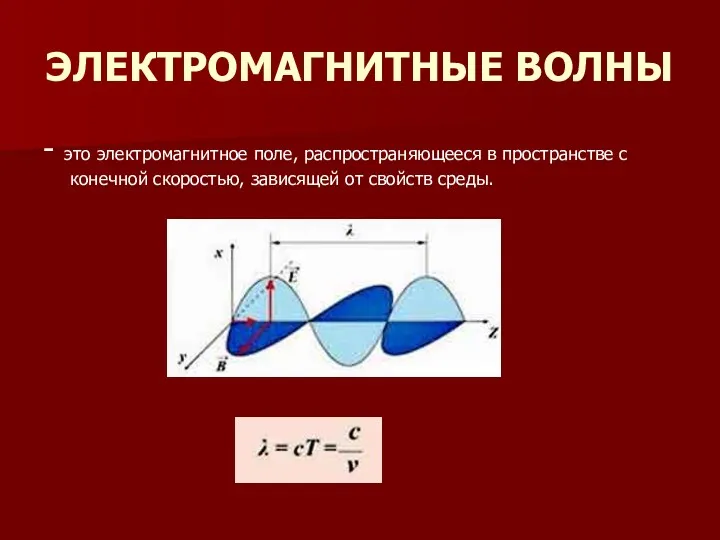 ЭЛЕКТРОМАГНИТНЫЕ ВОЛНЫ - это электромагнитное поле, распространяющееся в пространстве с конечной скоростью, зависящей от свойств среды.