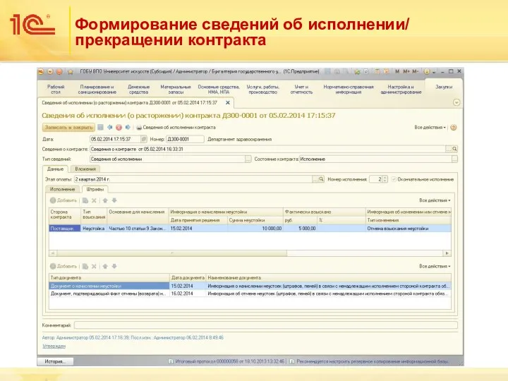 Формирование сведений об исполнении/ прекращении контракта