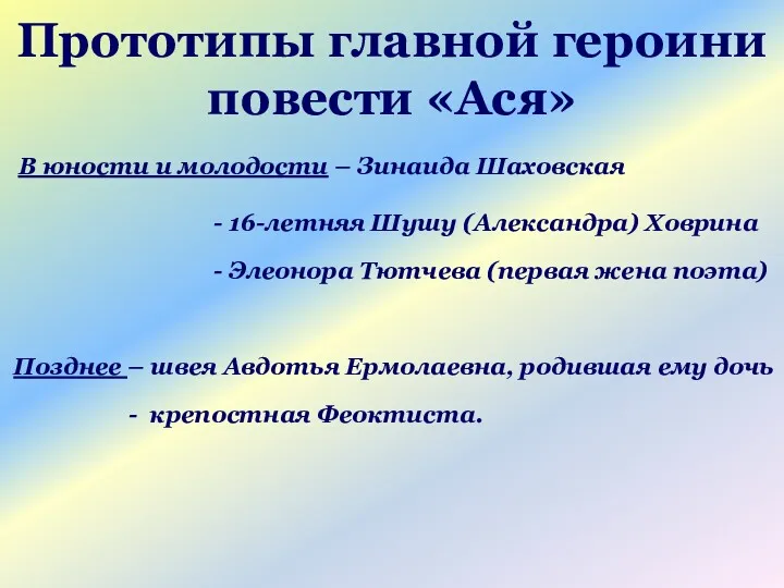 Прототипы главной героини повести «Ася» В юности и молодости –