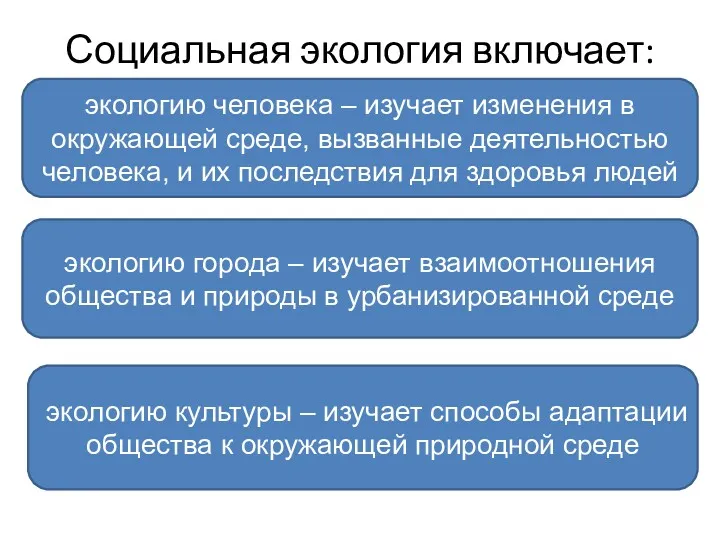 Социальная экология включает: экологию города – изучает взаимоотношения общества и