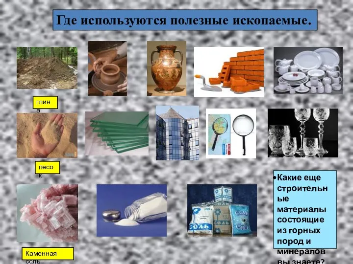 глина песок Каменная соль Какие еще строительные материалы состоящие из