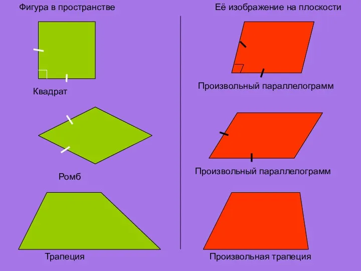 Фигура в пространстве Её изображение на плоскости Квадрат Произвольный параллелограмм Трапеция Произвольная трапеция Произвольный параллелограмм Ромб