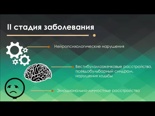 II стадия заболевания Нейропсихологические нарушения Вестибуломозжечковые расстройства, псевдобульбарный синдром, нарушения ходьбы Эмоционально-личностные расстройства