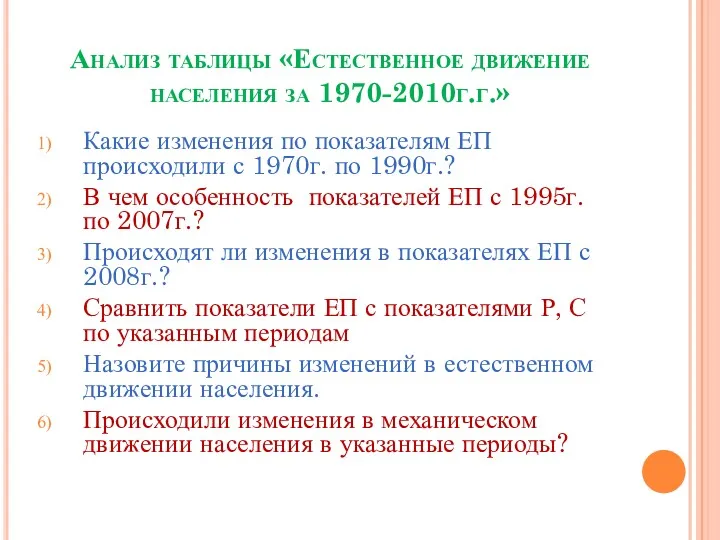 Анализ таблицы «Естественное движение населения за 1970-2010г.г.» Какие изменения по