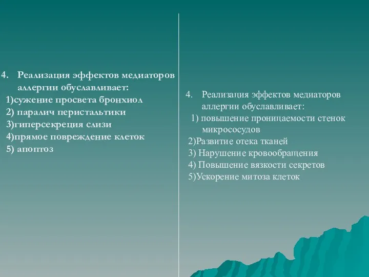 Реализация эффектов медиаторов аллергии обуславливает: 1)сужение просвета бронхиол 2) паралич