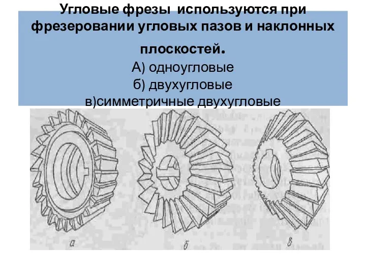 Угловые фрезы используются при фрезеровании угловых пазов и наклонных плоскостей. А) одноугловые б) двухугловые в)симметричные двухугловые