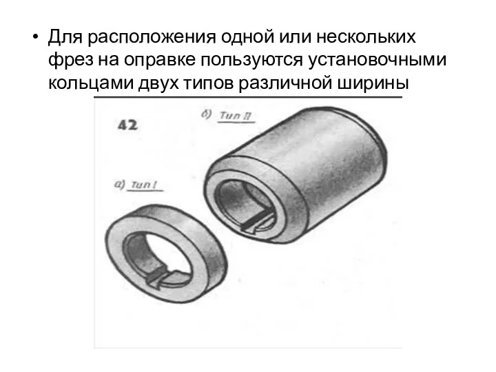 Для расположения одной или нескольких фрез на оправке пользуются установочными кольцами двух типов различной ширины