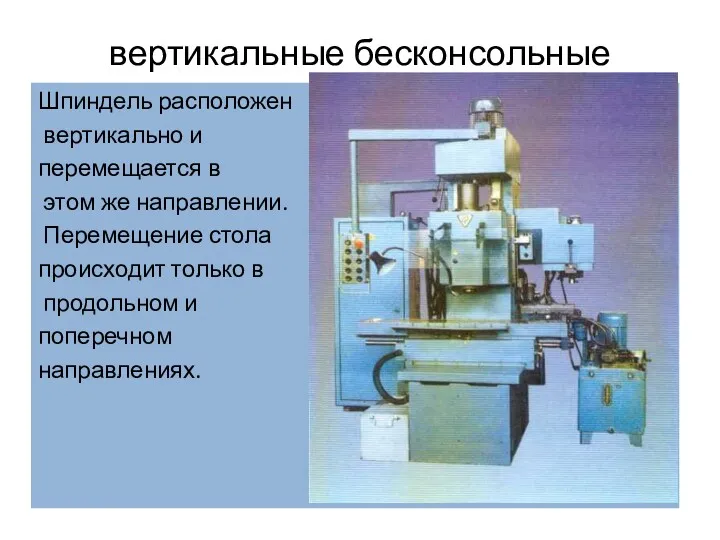 вертикальные бесконсольные Шпиндель расположен вертикально и перемещается в этом же