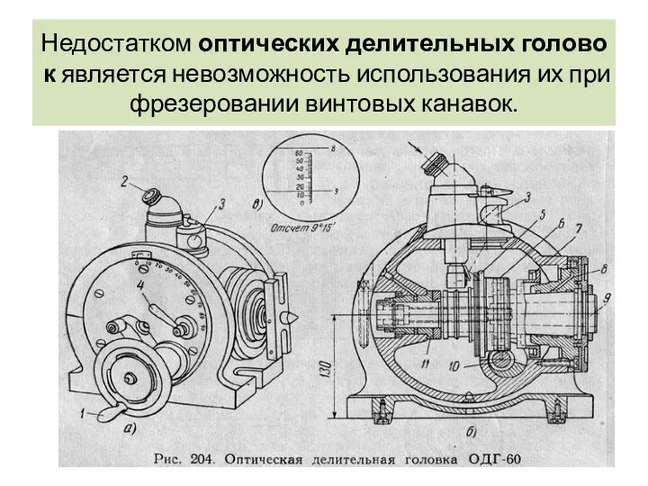 Недостатком оптических делительных головок является невозможность использования их при фрезеровании винтовых канавок.