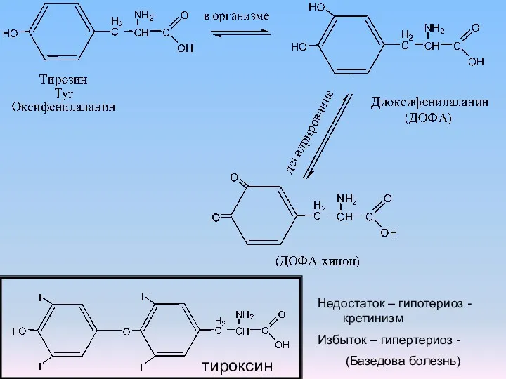 Недостаток – гипотериоз - кретинизм Избыток – гипертериоз - (Базедова болезнь) тироксин