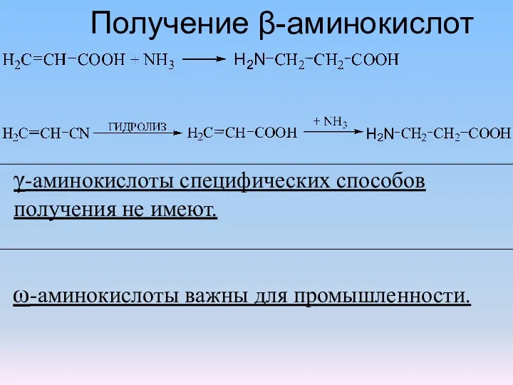 Получение β-аминокислот γ-аминокислоты специфических способов получения не имеют. ω-аминокислоты важны для промышленности.