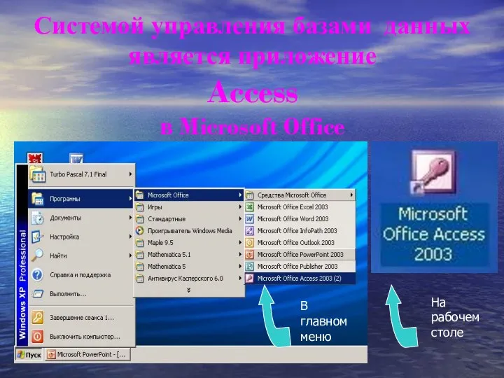 Системой управления базами данных является приложение Access в Microsoft Office На рабочем столе В главном меню