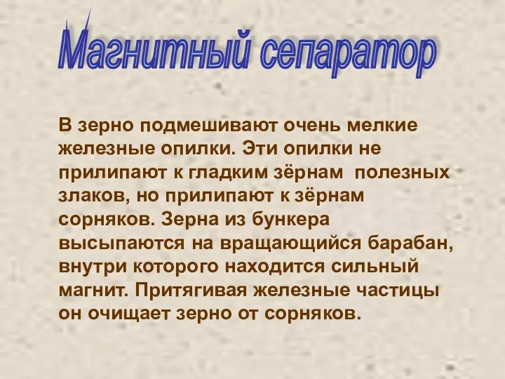 Магнитный сепаратор В зерно подмешивают очень мелкие железные опилки. Эти