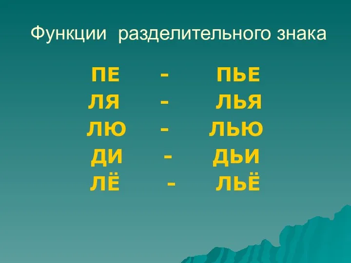 Функции разделительного знака ПЕ - ПЬЕ ЛЯ - ЛЬЯ ЛЮ