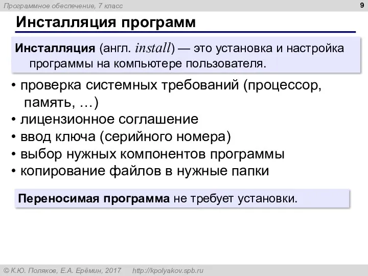 Инсталляция программ Инсталляция (англ. install) — это установка и настройка