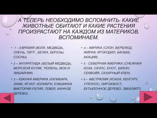 А ТЕПЕРЬ НЕОБХОДИМО ВСПОМНИТЬ: КАКИЕ ЖИВОТНЫЕ ОБИТАЮТ И КАКИЕ РАСТЕНИЯ ПРОИЗРАСТАЮТ НА КАЖДОМ