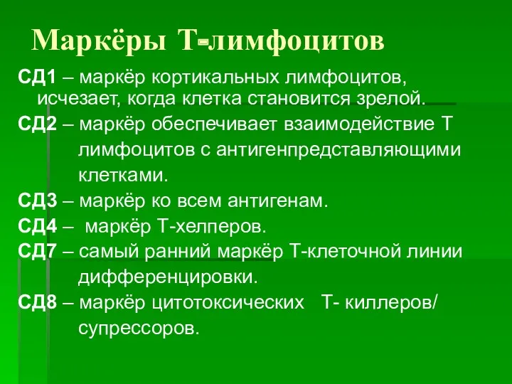 Маркёры Т-лимфоцитов СД1 – маркёр кортикальных лимфоцитов, исчезает, когда клетка